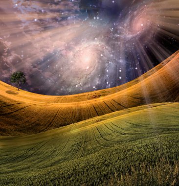 Dramatik gökyüzü ile huzurlu bir manzara. 3B görüntüleme