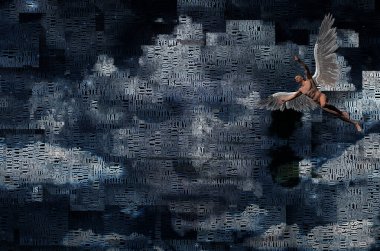 Soyut bulutlar. Kelimeler. Kanatlı çıplak adam meleği temsil ediyor..