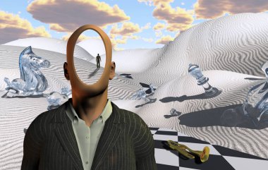 Satranç figürleri ve trompeti olan gerçek üstü bir çöl. Takım elbiseli meçhul adam. Uzaktan bakınca insan figürü..