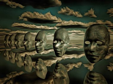 Gerçeküstü resim. Maskeler gökyüzünde süzülüyor. Kelimeler.