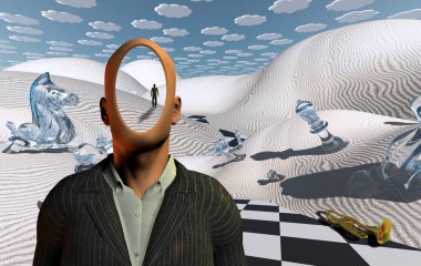 Satranç figürleri ve trompeti olan gerçek üstü bir çöl. Takım elbiseli meçhul adam. Uzaktan bakınca insan figürü..