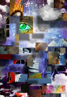 Karmaşık gerçeküstü sanat. Geometrik elementler, zaman sarmalı, ateş alevleri. İnsan bilincinin elementleri. 3B görüntüleme