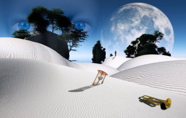 Buzlu gerçeküstü çöl kum saati, trompet ve yeşil ağaçları ile. Büyük ay ufukta. Adam bir mesafede figürü.