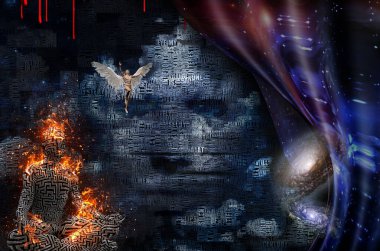 Soyut bulutlar. Kelimeler. Lotus pozunda yanan adam. Derisindeki labirent deseni. Yüzü gökyüzünde. Kanatlı çıplak adam meleği temsil ediyor. Bükülmüş boşluk.