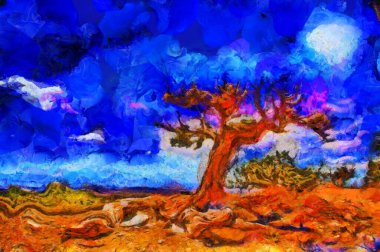 Soyut resim. Yaşlı ağaç ve mavi gökyüzü