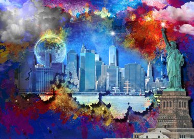 Libery Heykeli ve Manhattan Panorama. 3B görüntüleme