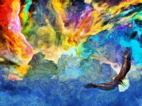 Eagle in heavens painting. 3D rendering