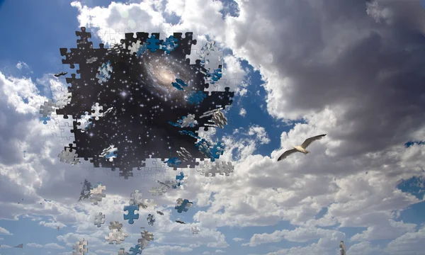 Puzzle Piece Daytime Sky Reveals Night Sky — Stock Photo, Image