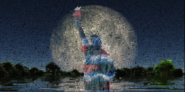 Modern Art Liberty Statue Giant Moon Rises Water — Stock Photo, Image