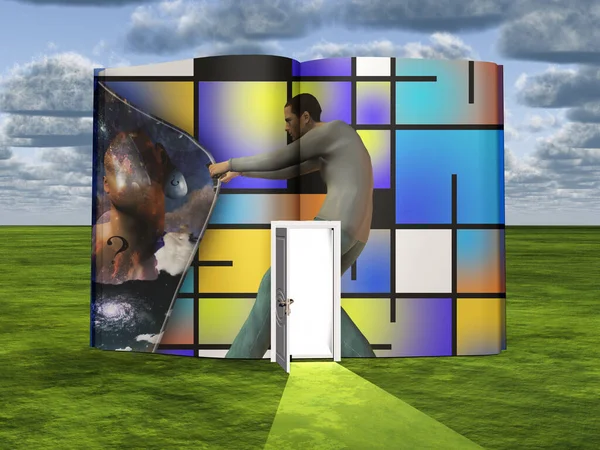 Surrealism Book Opened Door Man Opens Curtain Another Dimension Mondrian — Stock Photo, Image