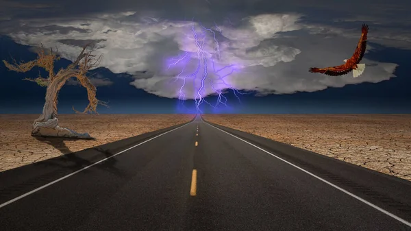 砂漠の嵐の中で空の道 3Dレンダリング — ストック写真