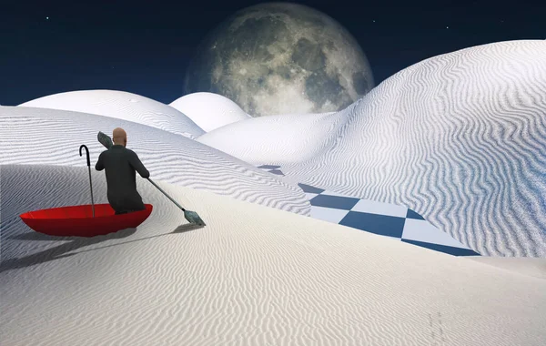 Surrealistisk Målning Man Rött Paraply Flyter Vit Öken Stor Måne — Stockfoto