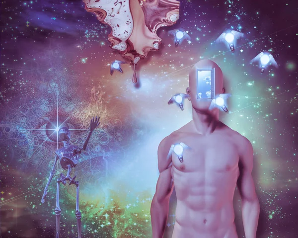 裸の男の顔 オープンドア電球 ワープ後の時間点滴 キラリと光るロボット 監視の目を翼 さらには深宇宙 Nasa の礼儀を提供するいくつかの要素 — ストック写真