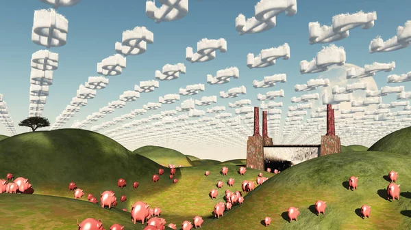 Varkens Bewegen Als Lemmingen Naar Fabriek Onder Dollar Symbool Wolken — Stockfoto