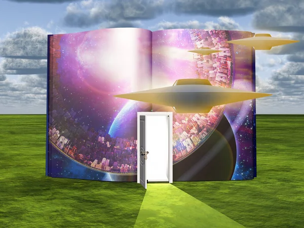 Surrealism Book Opened Door Flying Saucers — Stock Photo, Image
