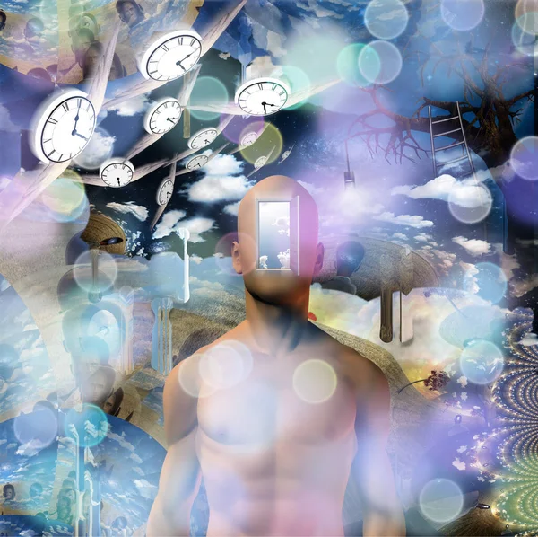 抽象画 赤裸裸的男人打开了另一个世界的大门而不是他的脸 其他方面 有翅膀的时钟代表时间的流动 — 图库照片