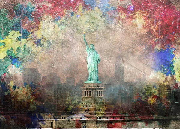 Statua Libery Panorama Manhattanu Renderowanie — Zdjęcie stockowe