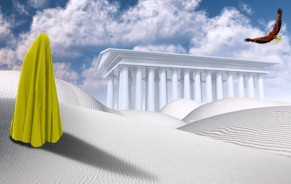 Kum Saati Olan Gerçek Üstü Bir Çöl Ufuktaki Beyaz Tapınak — Stok fotoğraf