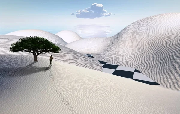 本物の砂漠だ 砂丘の緑の木 遠くにいる男の姿 — ストック写真