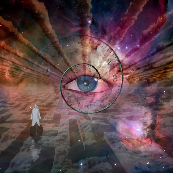 Figur Weißem Gewand Schwebt Vor Gottes Auge Über Dem Wolkenlabyrinth — Stockfoto