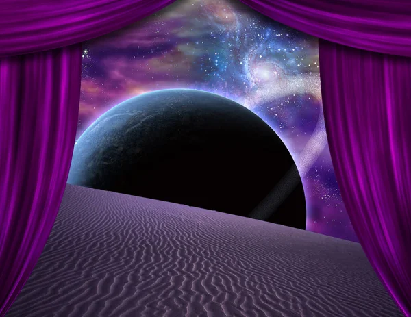 Giant Ringed Planet Seen Desert Tent —  Fotos de Stock