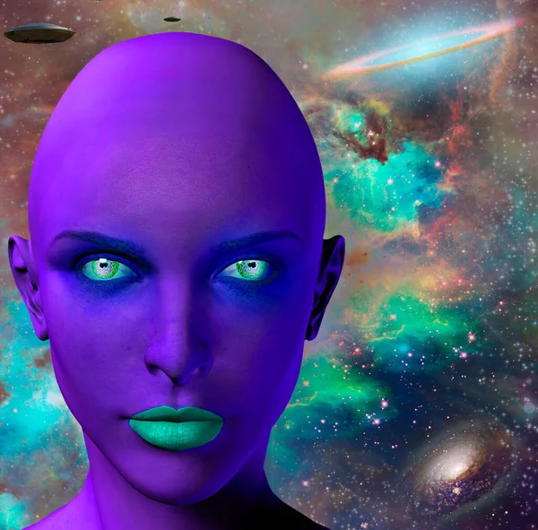Das Gesicht Eines Weiblichen Aliens Fliegende Untertassen Bunten Universum Auf — Stockfoto