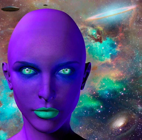 Visage Une Extraterrestre Soucoupes Volantes Dans Univers Coloré Sur Fond — Photo