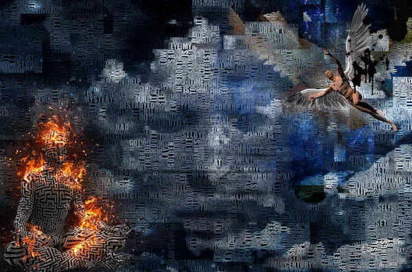 Абстрактні Хмари Слова Палаюча Людина Позі Лотоса Візерунок Лабіринту Шкірі — стокове фото