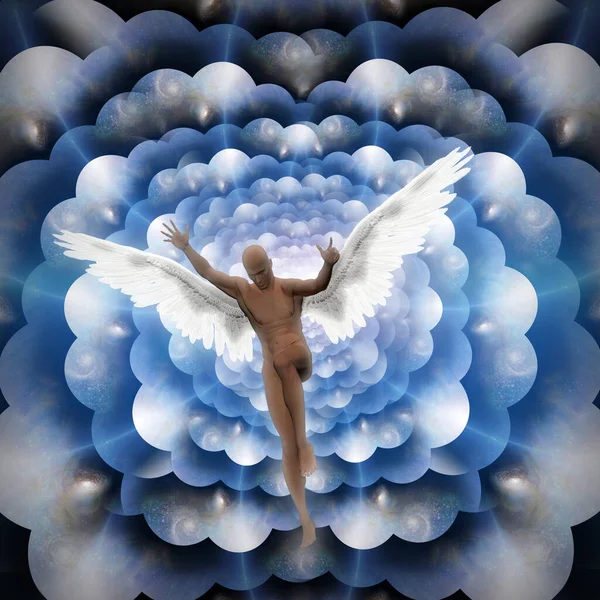 Szürrealizmus Szárnyas Meztelen Ember Angyalt Jelképez Többrétegű Tér Végtelen Dimenziókat — Stock Fotó