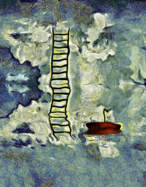Σουρεαλιστικός Πίνακας Κόκκινη Ομπρέλα Επιπλέει Στο Νερό Σκάλα Στον Ουρανό — Φωτογραφία Αρχείου