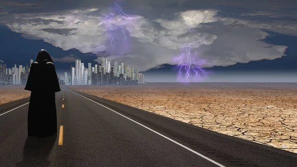 Dark Robed Figure Approaches City Storm — Stock Photo, Image