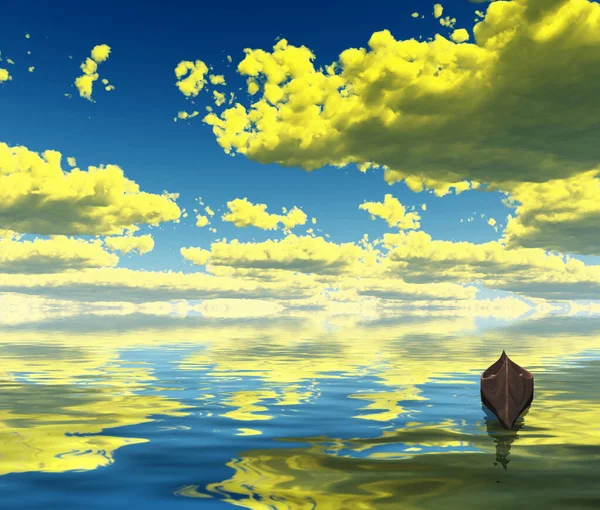 Порожній Човен Жовті Хмари Відбиваються Воді — стокове фото