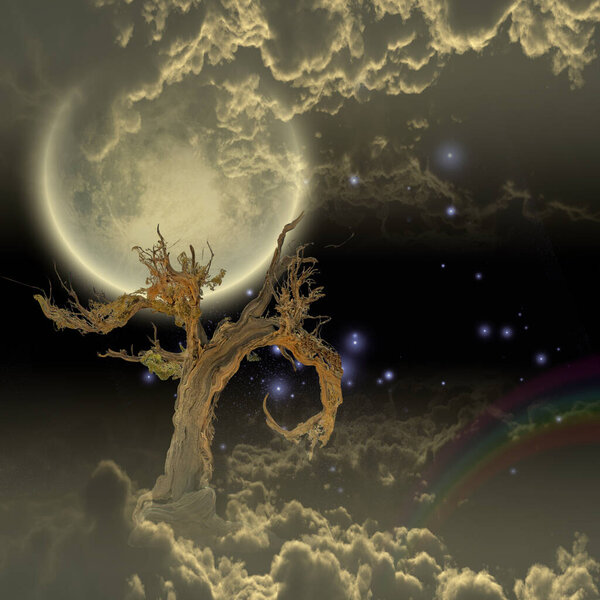 Tree Moon and Stars. 3D rendering