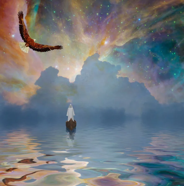 衣を着た男が星空を飛んでワシとボートに浮かんでいる — ストック写真