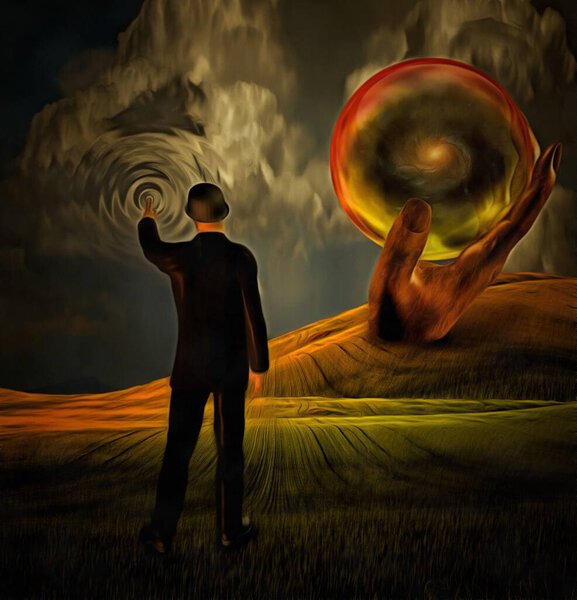 Surreal painting. Man in suit causes ripple in the sky. Giant hand holds sphere with galaxy inside.