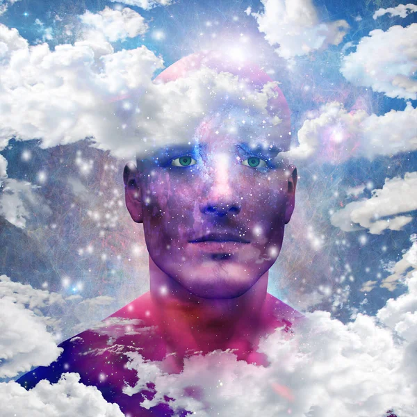 3Dアート 宇宙の星を持つ男の頭 — ストック写真
