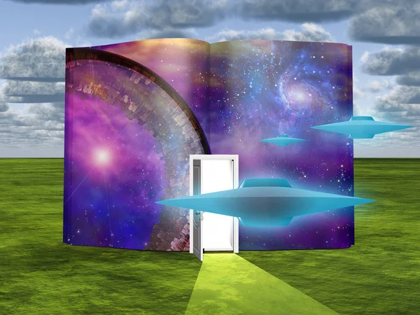 Surrealism Book Opened Door Flying Saucers — Stock Photo, Image