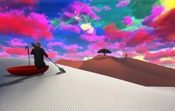 Surreal Painting Man Red Umbrella Floating White Desert Figure Man — Stock Photo, Image