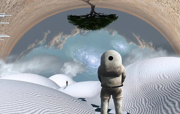 Astronauta Stoi Surrealistycznej Białej Pustyni Zielone Drzewo Góry Nogami Postać — Zdjęcie stockowe