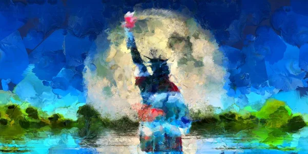 Peinture Huile Lever Lune Statue Liberté — Photo