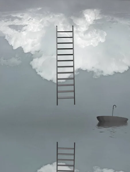 Ladder Reflected Water Floating Umbrella — Stock Photo, Image