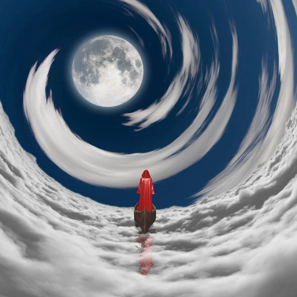 Figuur Rood Gewaad Drijvend Tot Volle Maan Wolken — Stockfoto