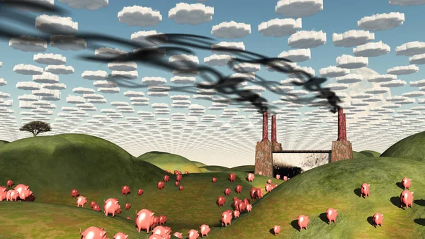 Surrealistische Landschap Met Fabriek Varkens Moviong Naar Fabriek — Stockfoto