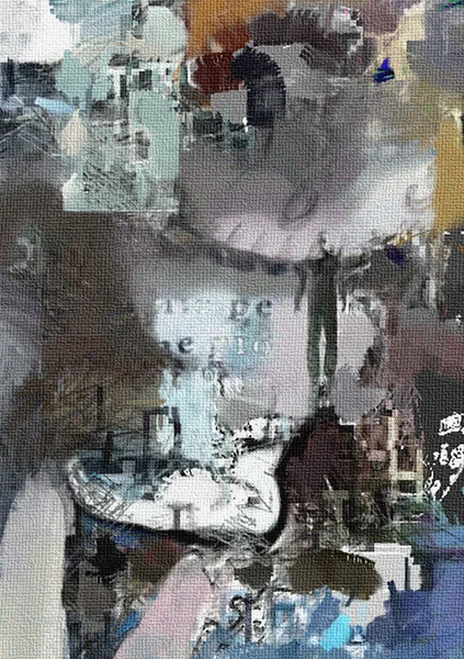 Komplex Abstrakt Målning Text Penseldrag Herrsiluett Och Klockansikte — Stockfoto