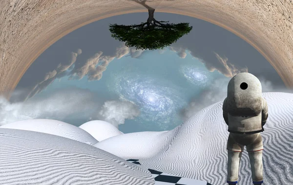 宇宙飛行士は超現実的な白い砂漠に立っている 緑の木が逆さまです 雲の多い空と銀河 — ストック写真