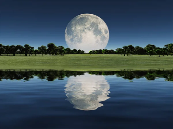 Salida Luna Sobre Lago Renderizado — Foto de Stock