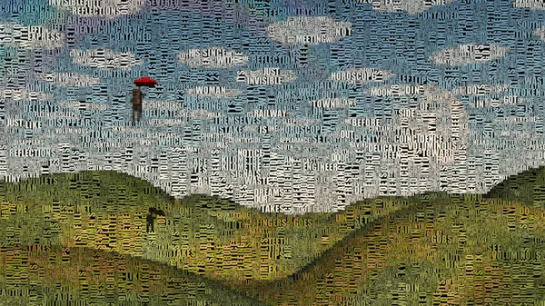 Obraz Abstrakcyjny Zielone Łąki Człowiek Latający Czerwonym Parasolem — Zdjęcie stockowe