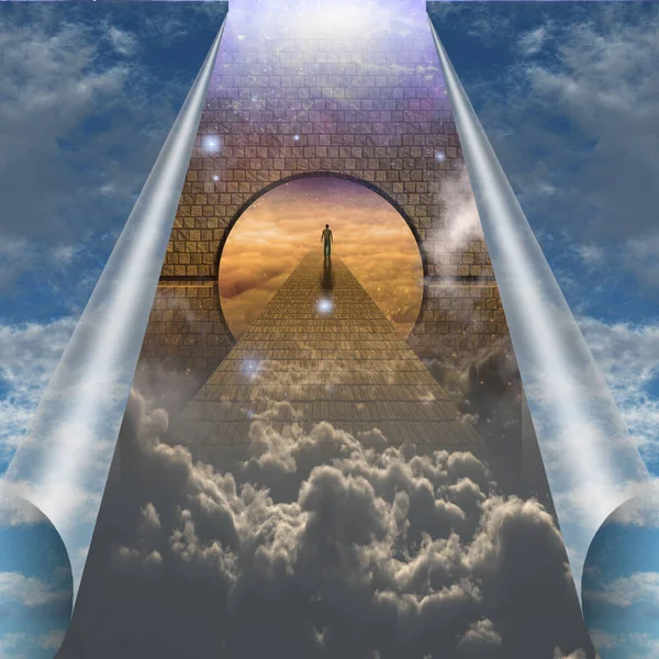Небо Розколюється Показуючи Людину Духовній Подорожі — стокове фото