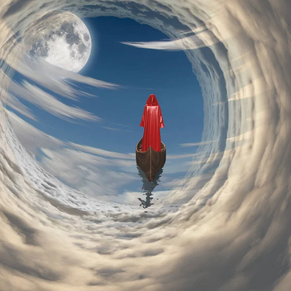 Figurka Czerwonym Szlafroku Unoszącym Się Pełni Księżyca Chmurach Renderowanie — Zdjęcie stockowe