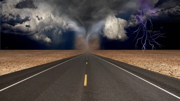 Tornado Funnel Desert Road Landscape Rendering — Stock Photo, Image